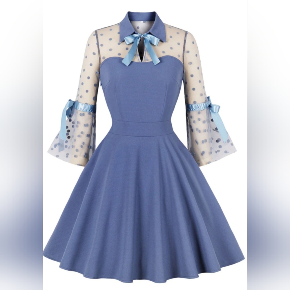 Blue Lace Polka Dots Semi Sheer 1950S Swing Dress